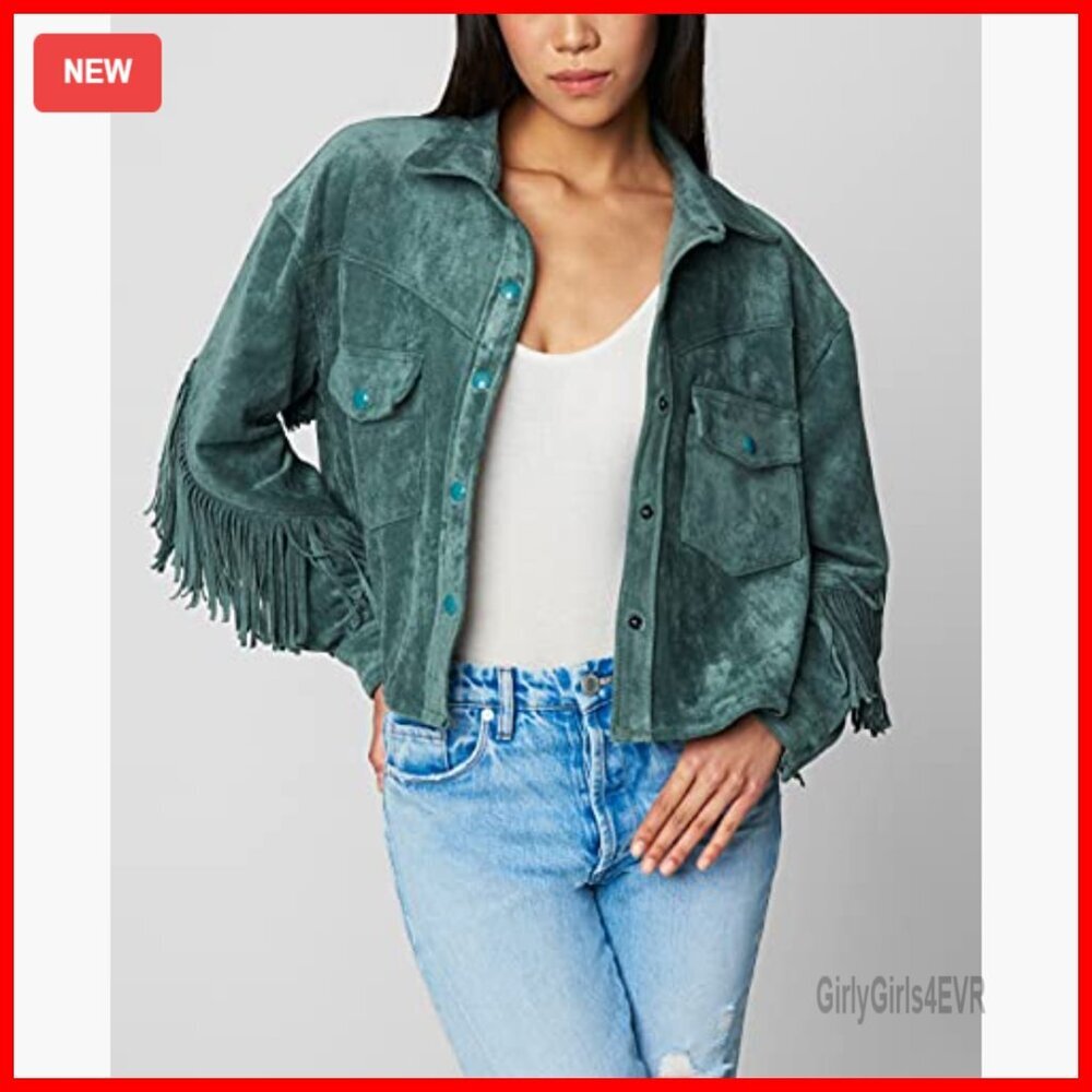 Faux Suede Fringe Jacket, Snap Cuffs, Lightweight, Semi-Fitted - Picture 5 of 7